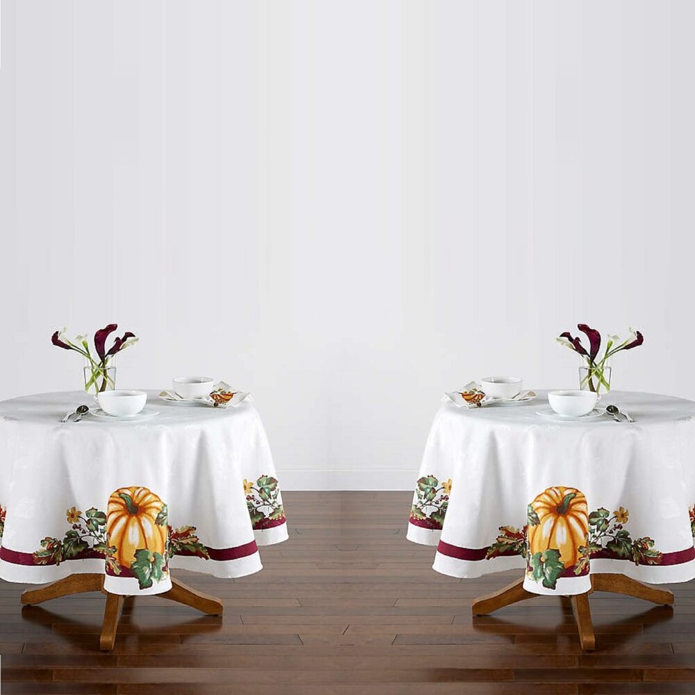 2 new PUMPKIN BORDER 70" Round Damask Thanksgiving Harvest Tablecloths